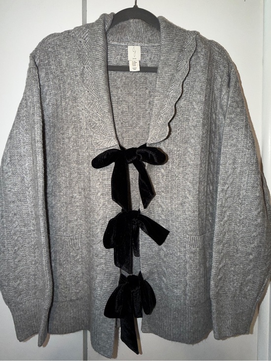 Joie Sweaters - Joie Gray Cable Knit Cardigan Velvet Ribbon Bows